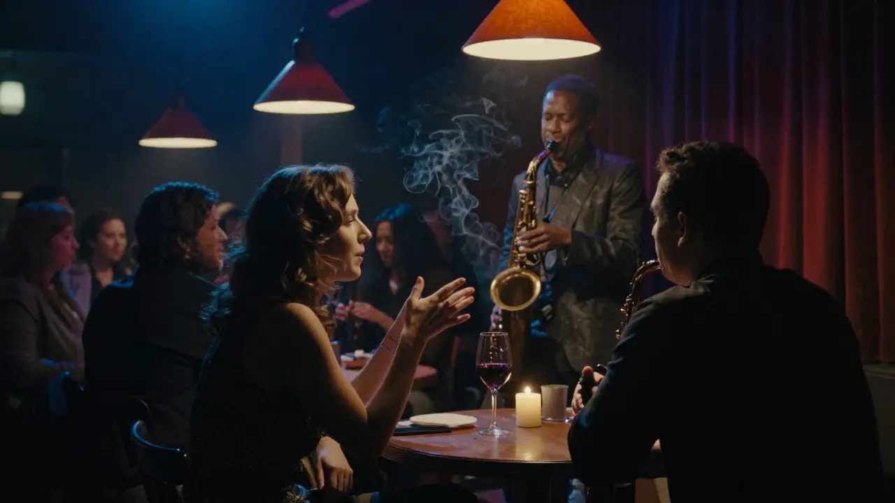 A couple listening to a saxophonist in a dimly lit Paris jazz club.