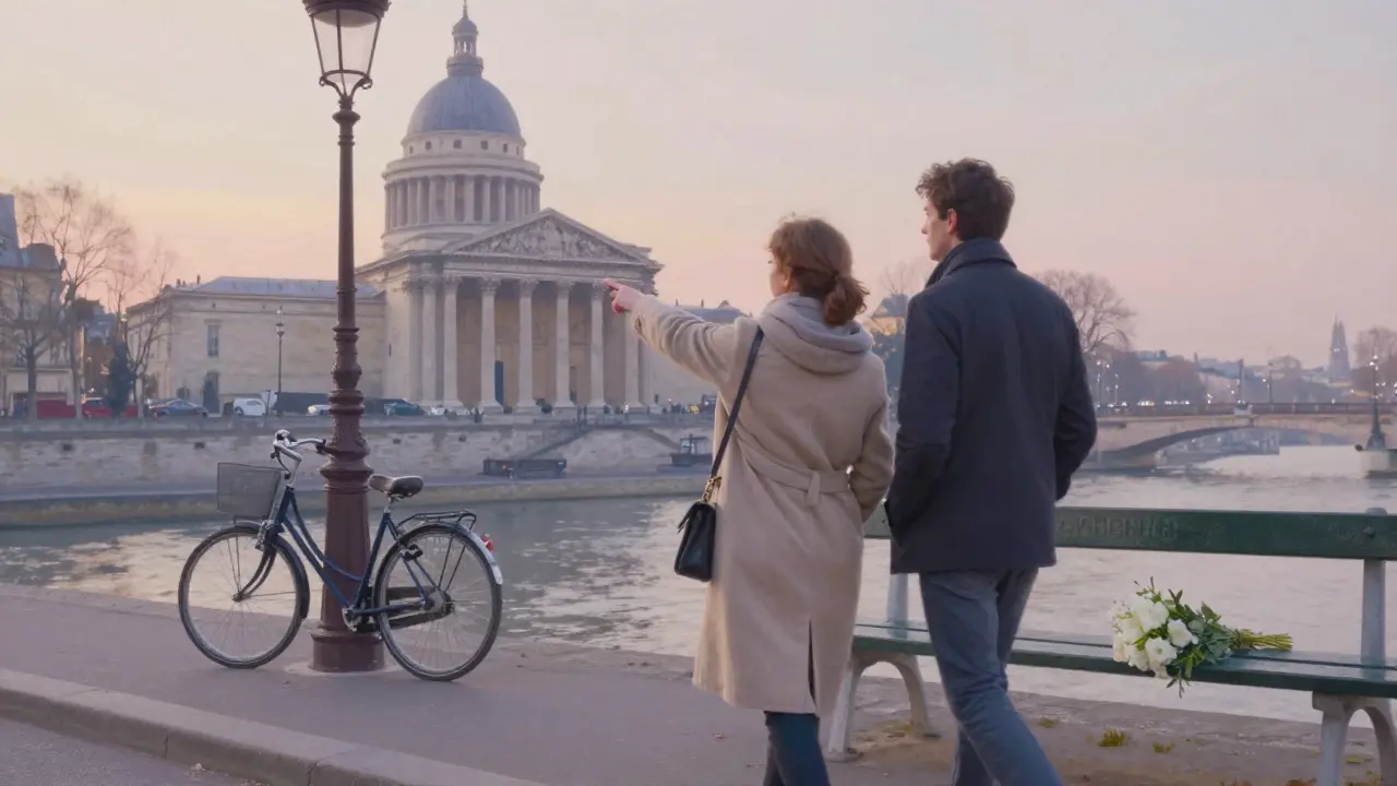 A couple walking along the Seine, admiring the Panthéon in soft morning light.
