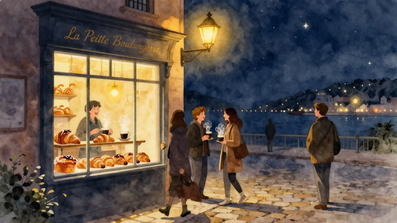 A cozy bakery at dawn, locals enjoying coffee and pastries under warm light after a night out.
