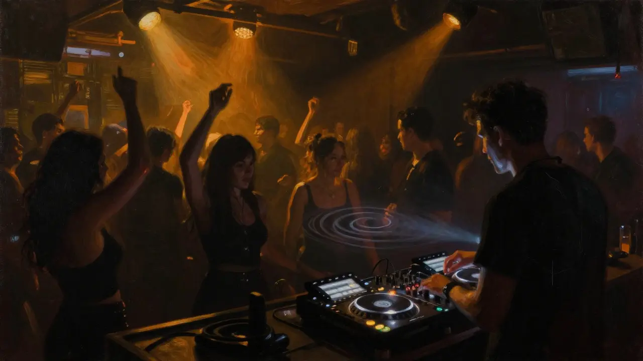 A dark, intimate club with a crowd in black dancing to live music, strobes illuminating the energy.
