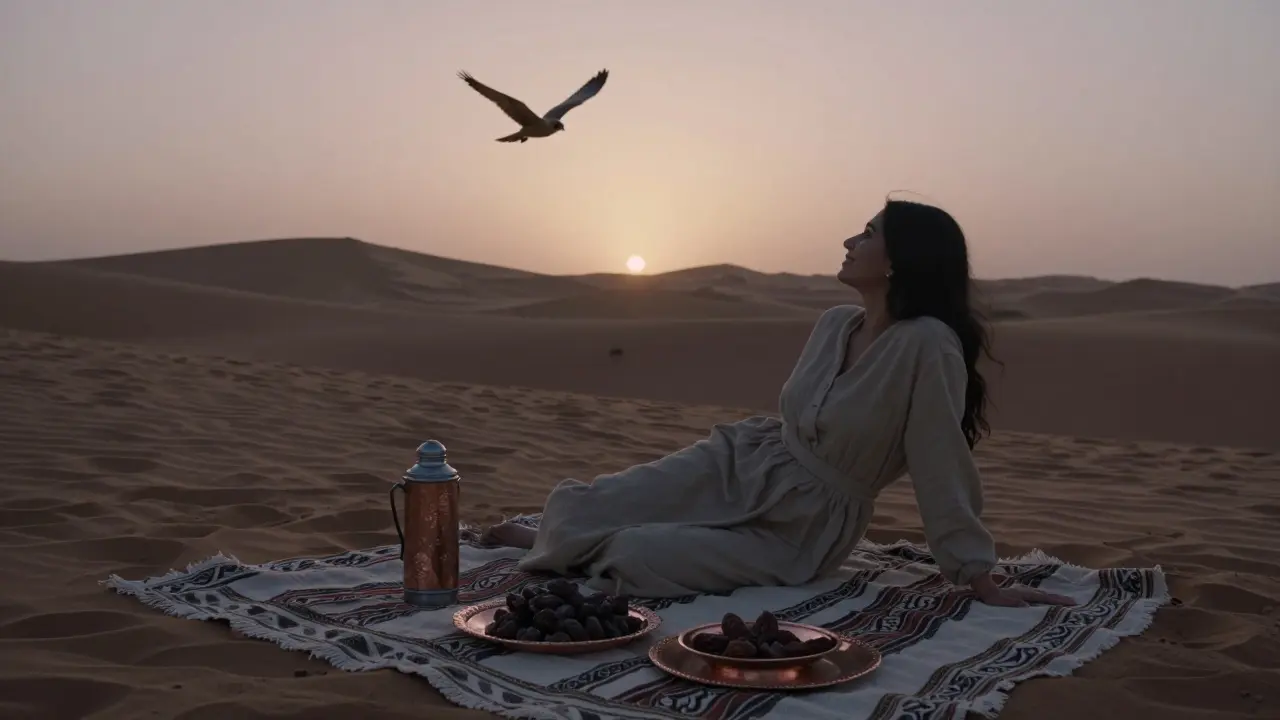 A desert picnic at dusk with woven blanket, dates, and copper trays, silhouetted against golden dunes.