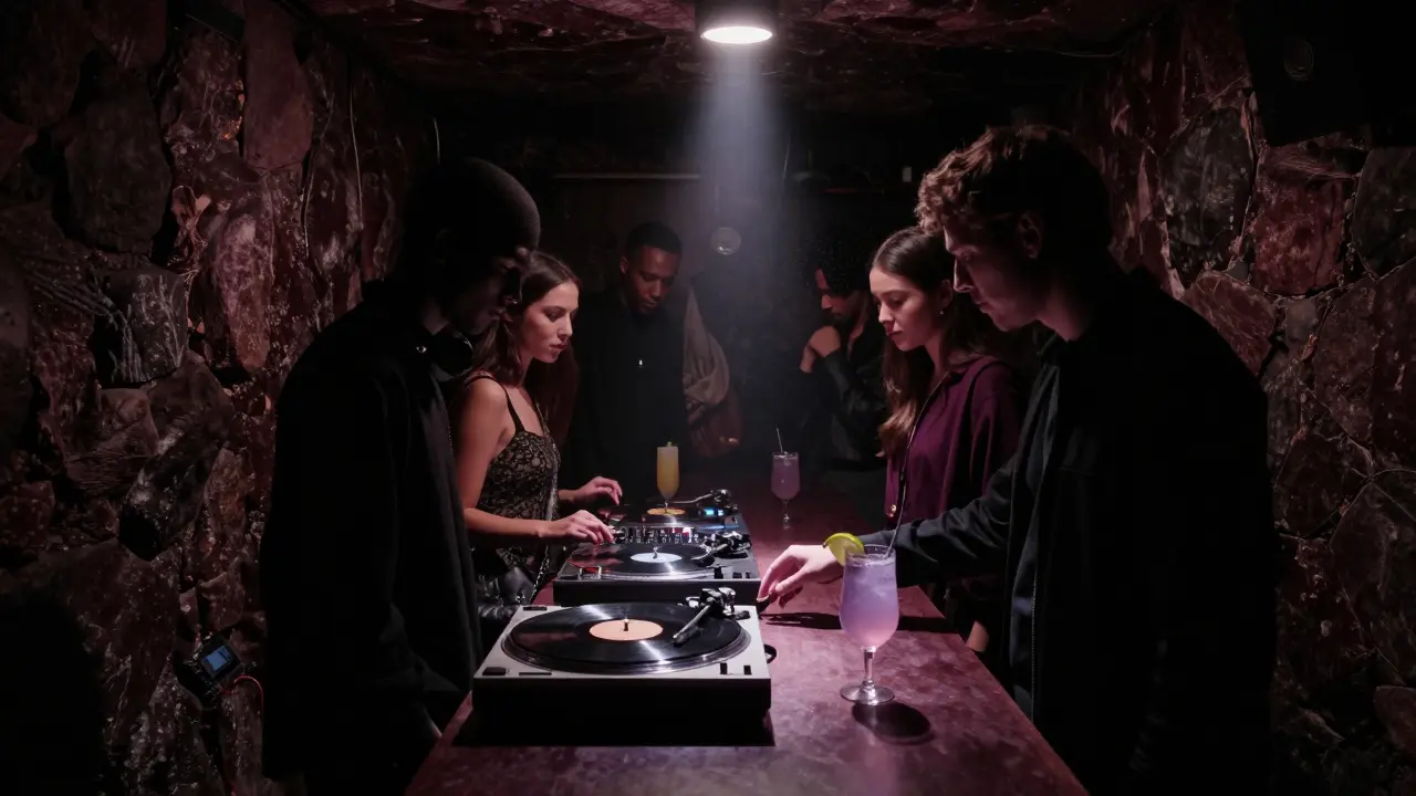A dimly lit basement club in Monaco with a vinyl turntable and silhouetted crowd in intimate noir lighting.