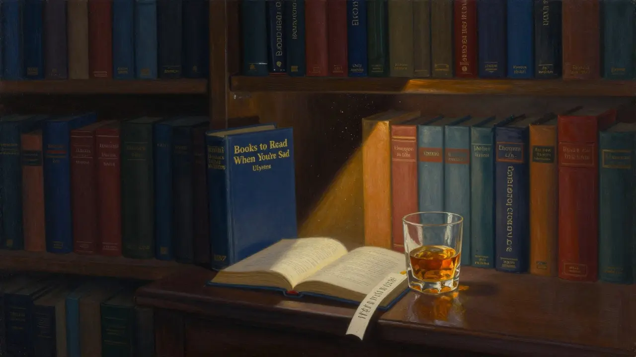 A dimly lit bookshelf sanctuary with an open first edition of 'Ulysses' and a glass of whisky.