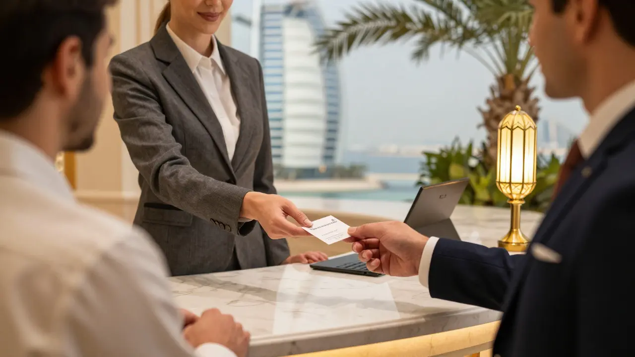 A discreet concierge at a luxury Dubai hotel offering a private companion referral.