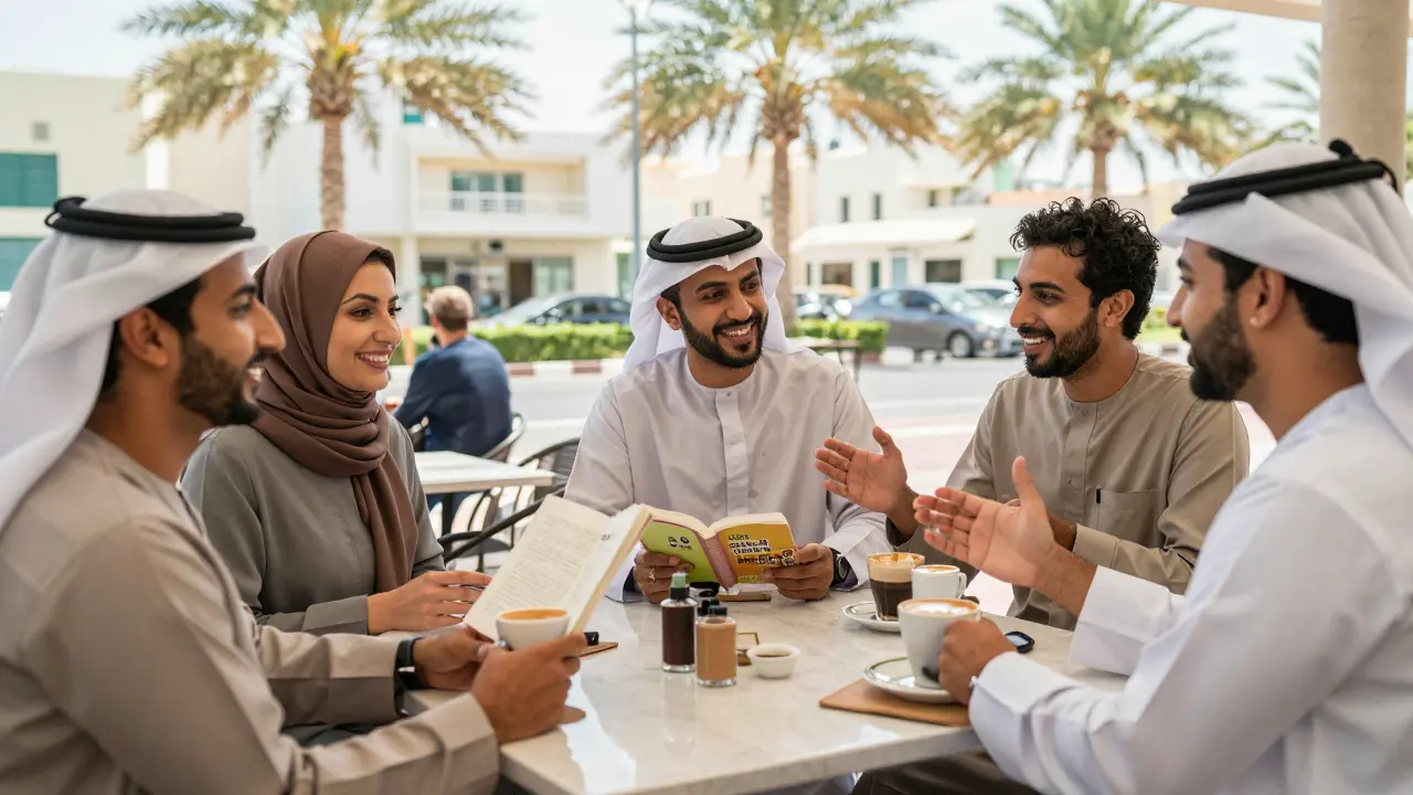 A diverse group of expats and locals enjoying coffee at a sunny Abu Dhabi café during a language exchange.