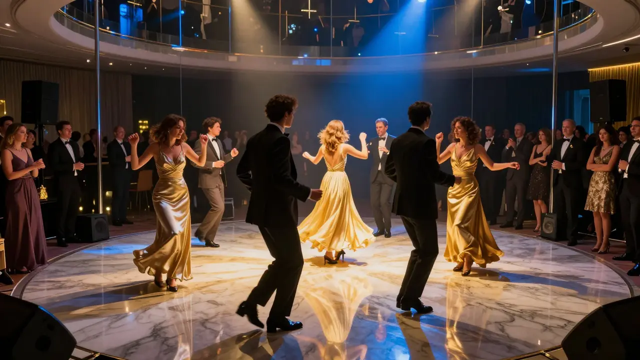 A glass cube suspended above a dance floor, illuminated in shifting gold and blue light, with elegantly dressed dancers inside.