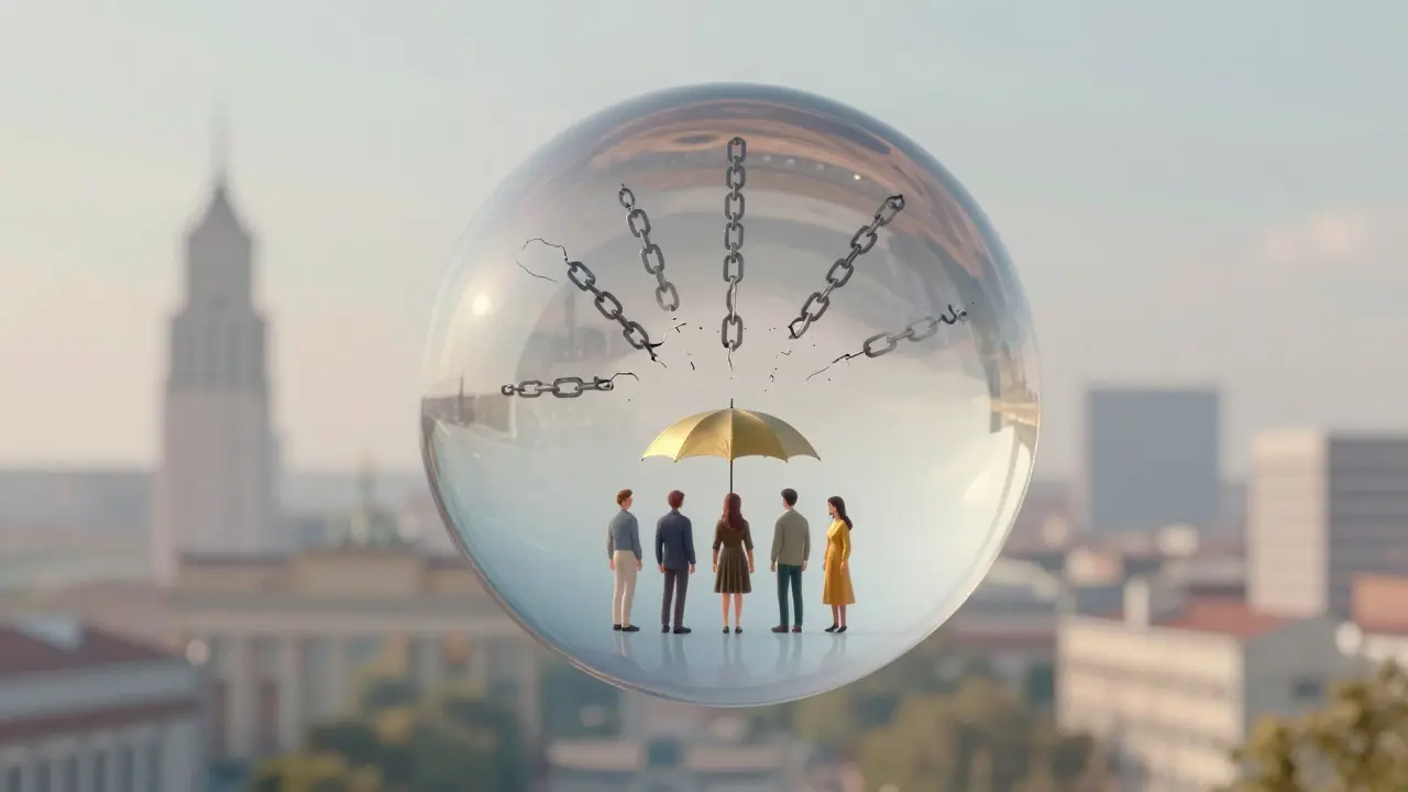 A glass sphere with broken myths above Berlin, figures standing united under an umbrella.