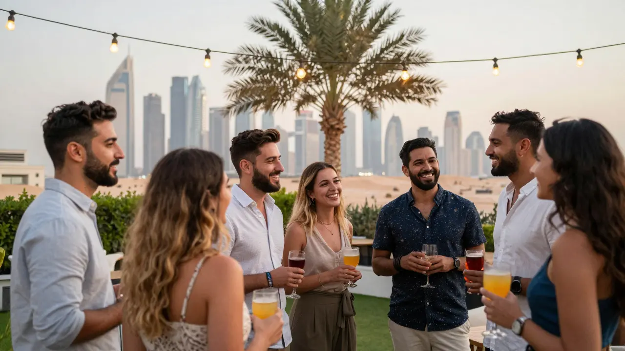 A group of diverse people enjoy a rooftop social event in Dubai under string lights and city lights.