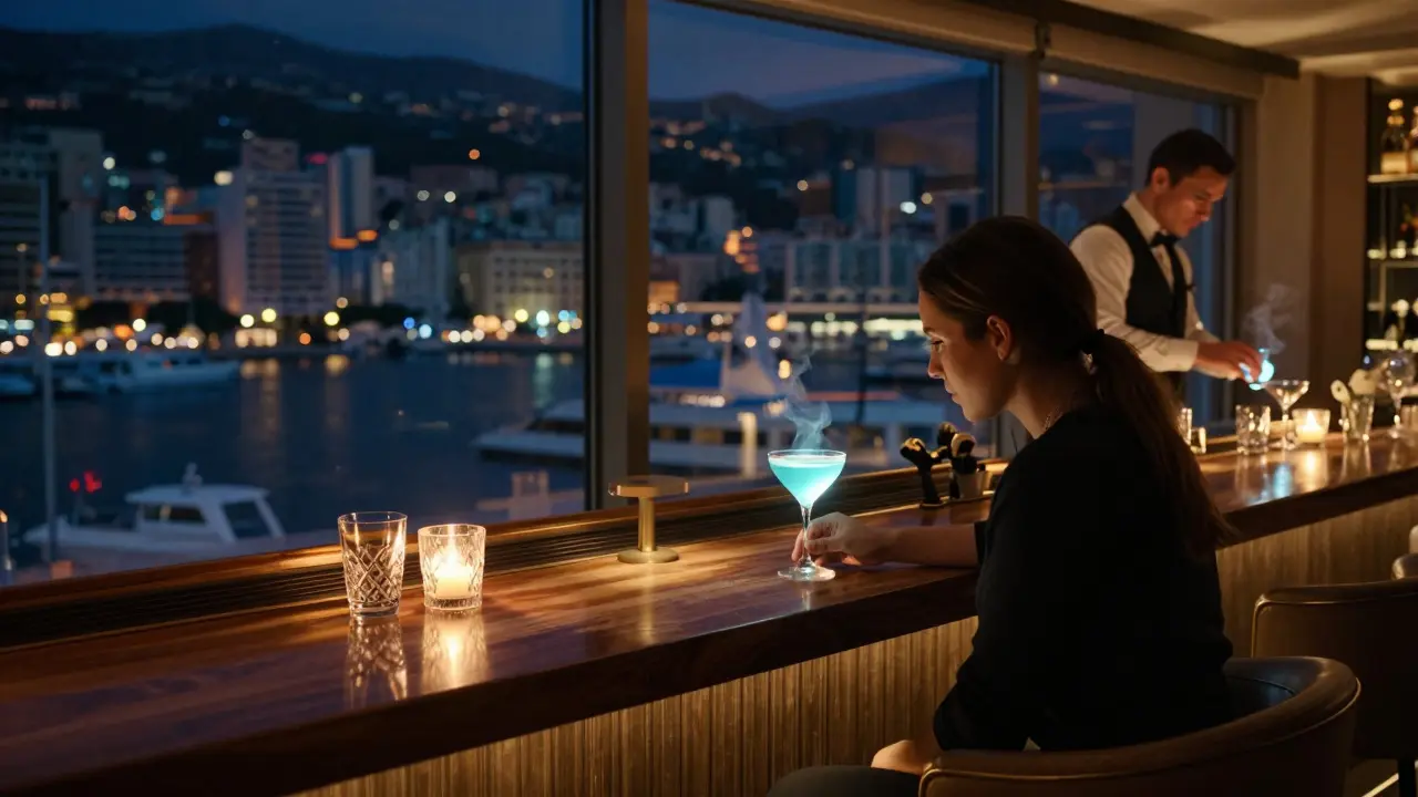 A guest sipping a glowing blue cocktail at L’Aqua Bar with harbor lights reflecting through floor-to-ceiling windows.
