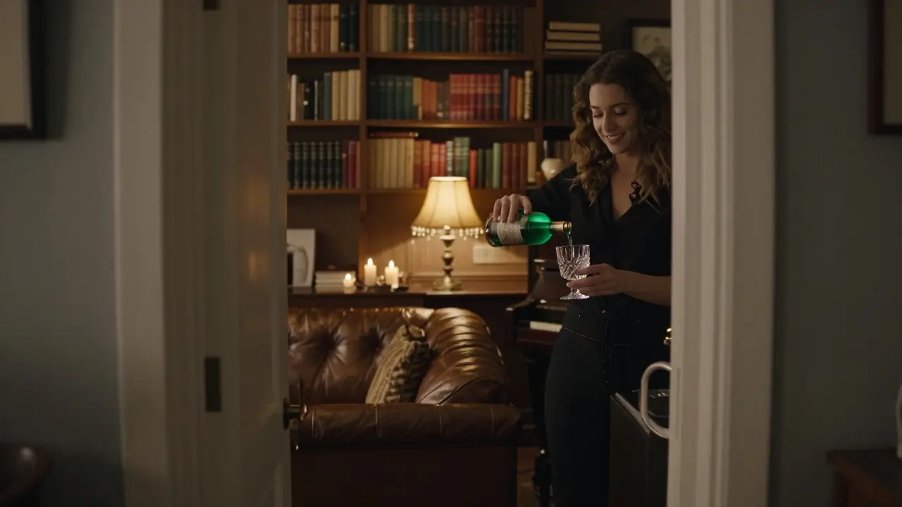 A hidden speakeasy behind a fridge door, featuring leather sofas, bookshelves, and a bartender pouring absinthe in soft golden light.