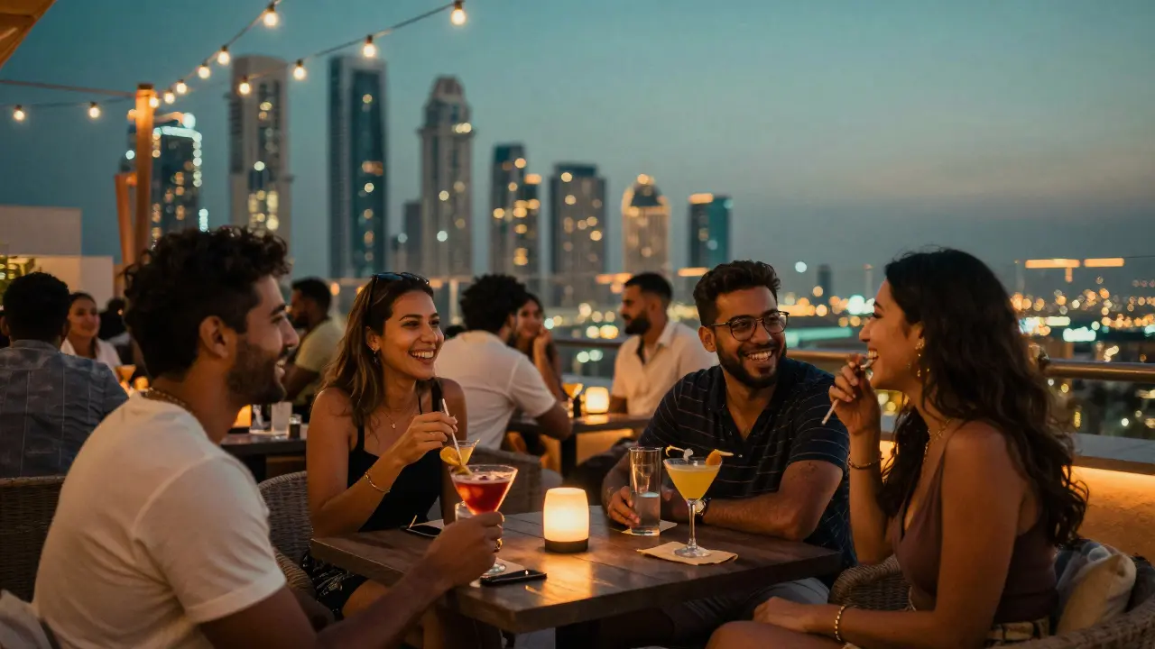 A lively rooftop bar in Dubai at dusk, people socializing peacefully under string lights and city lights.