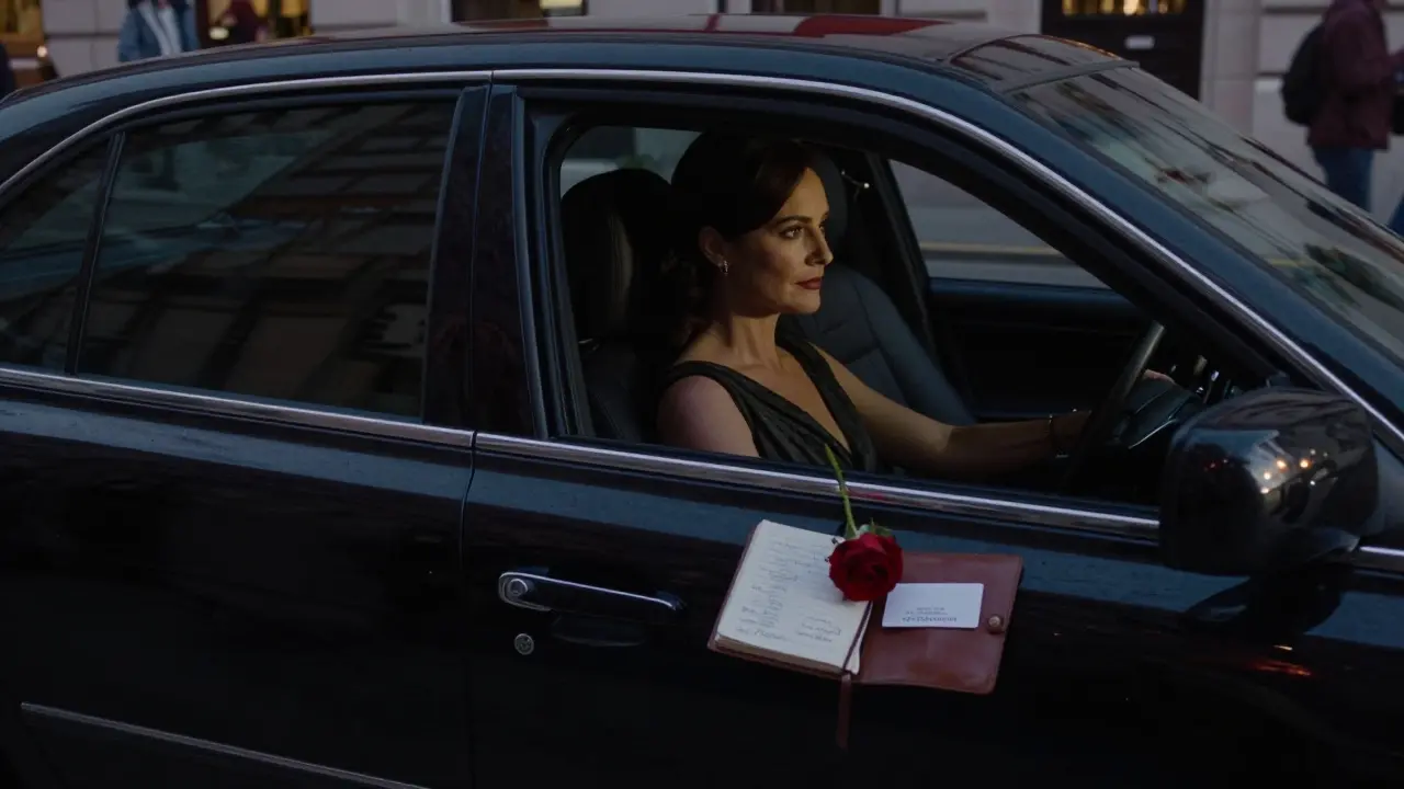 A luxury car waits outside the Royal Opera House, a woman inside dressed for an evening of culture and discretion.
