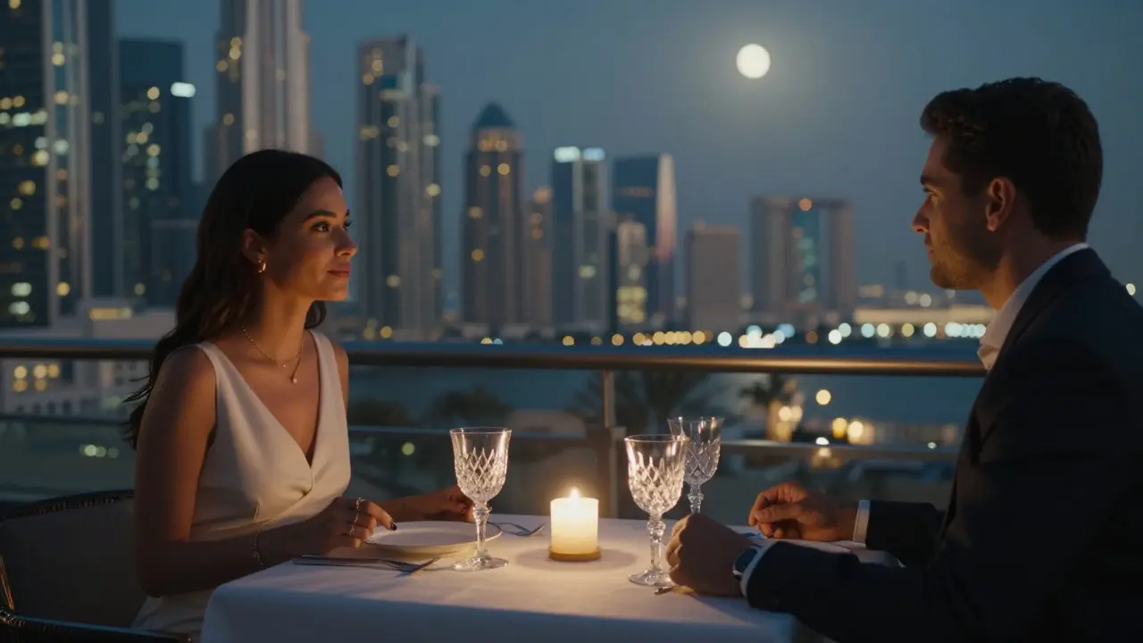 A man and woman sharing a quiet dinner on a rooftop overlooking Dubai’s illuminated skyline.