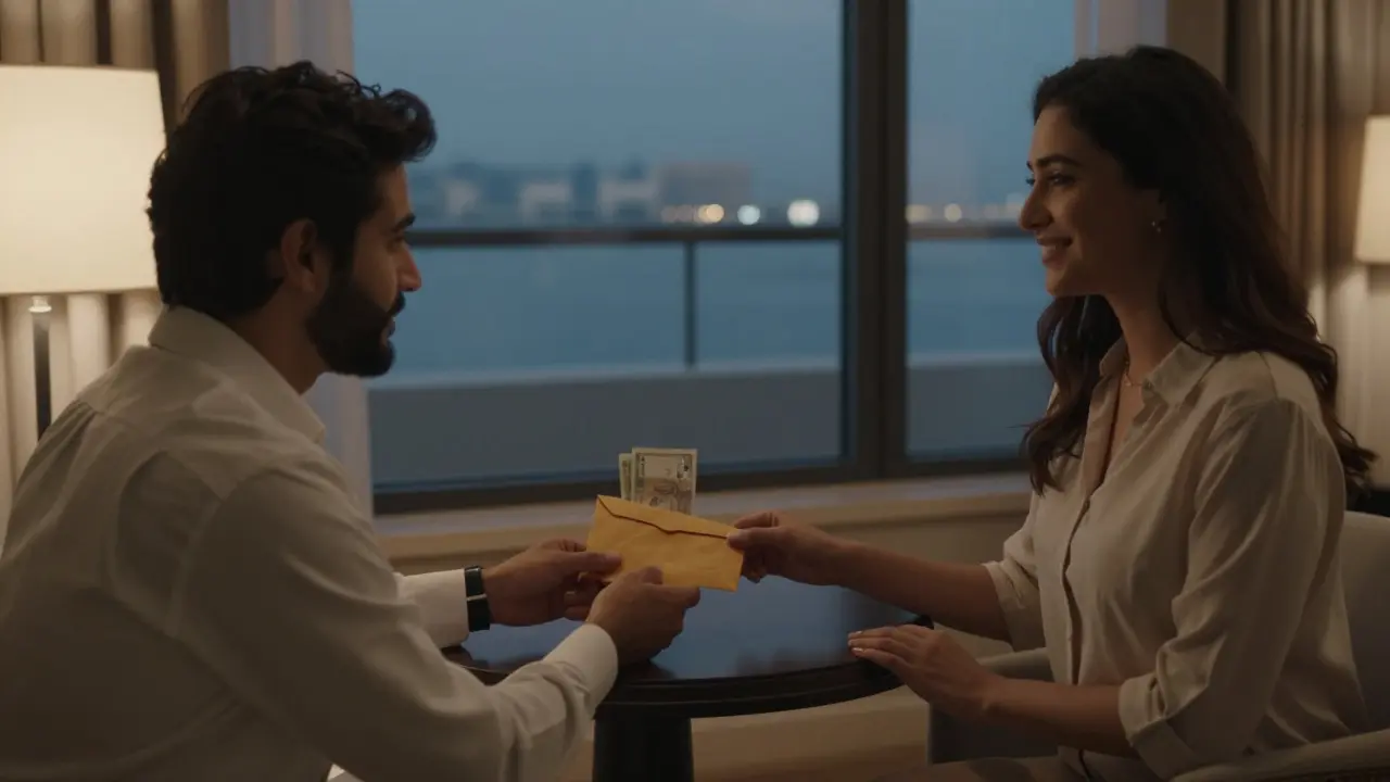 A man placing payment on a table while a woman thanks him warmly, in a quiet hotel room at night.