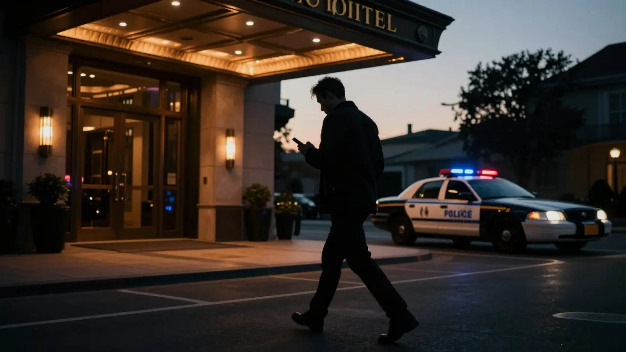 A man walks away from a hotel as a police car sits quietly in the background.