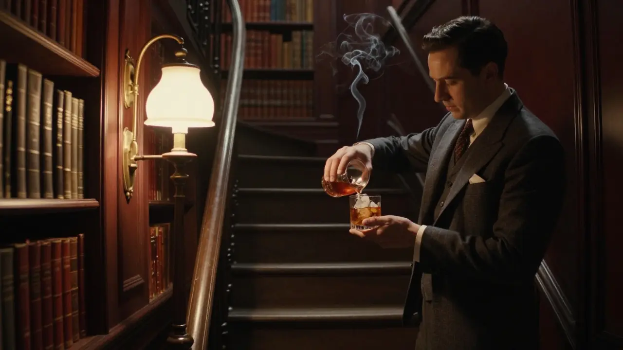 A narrow staircase leading to a book-lined lounge where a bartender pours an old-fashioned cocktail.