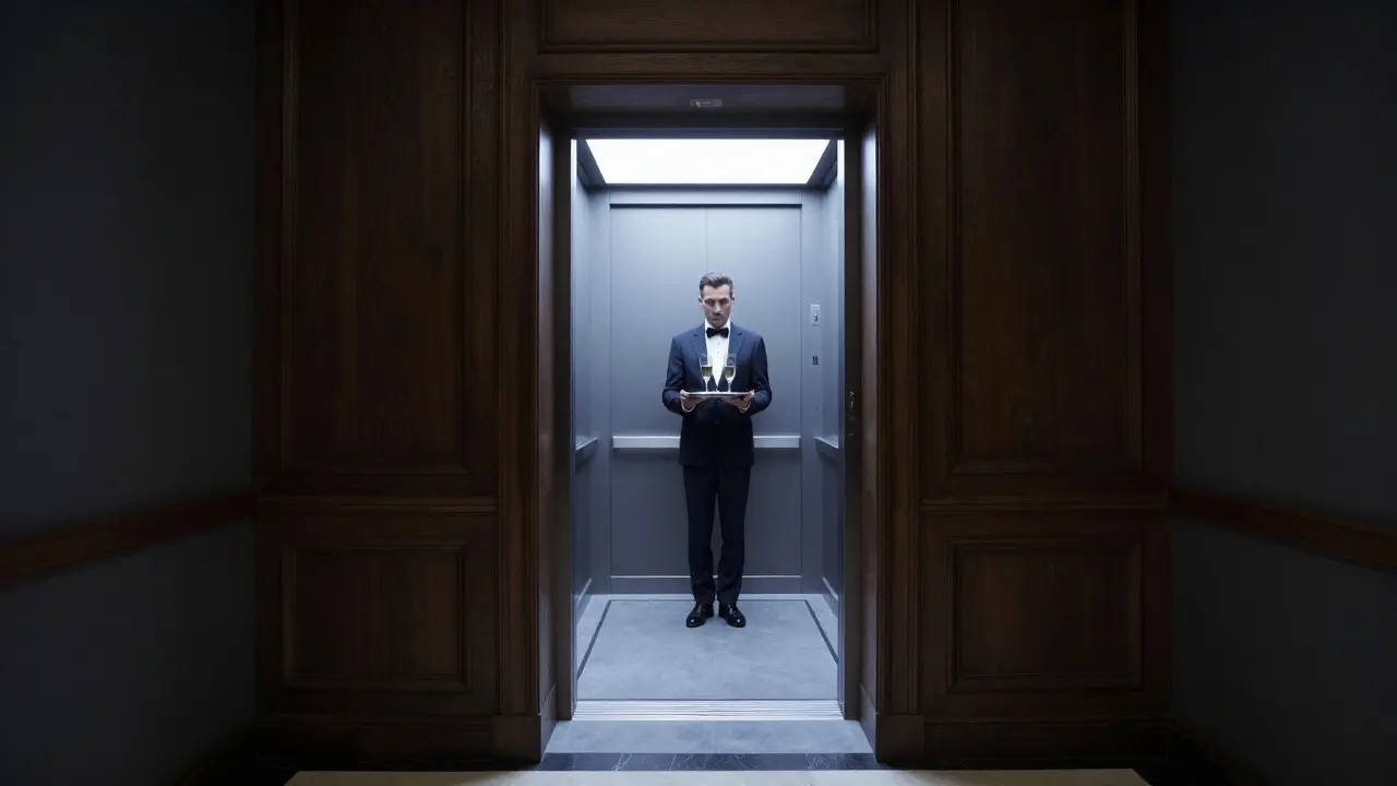 A private hotel hallway with no cameras, thick wooden doors, and a butler waiting with champagne on a silver tray.
