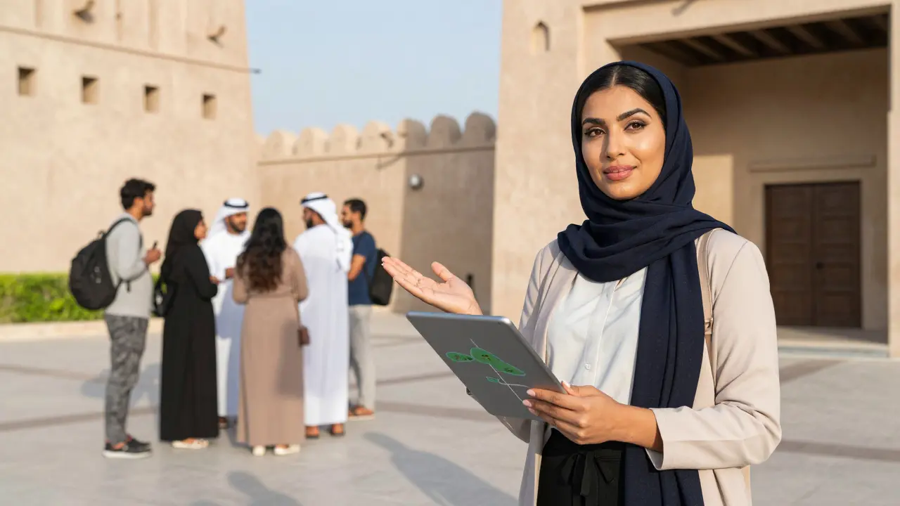 A professional companion guiding tourists outside Dubai Museum, sharing cultural insights.