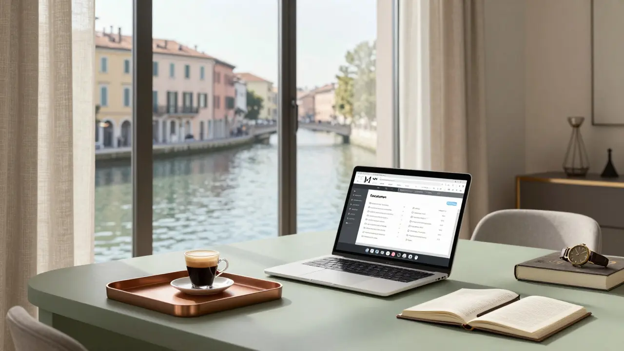 A professional companion works quietly in a modern Milan apartment with natural light and a view of the canal.