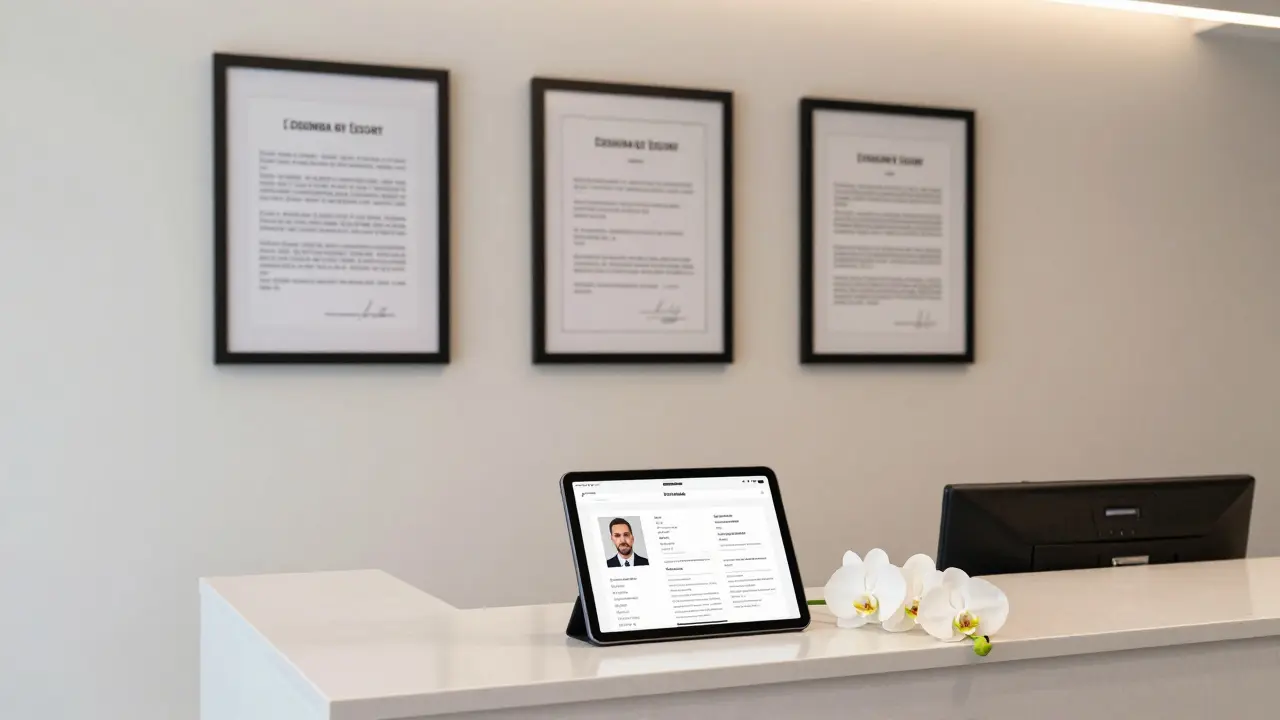 A professional escort agency's reception area with verified profiles and testimonials displayed on a wall.
