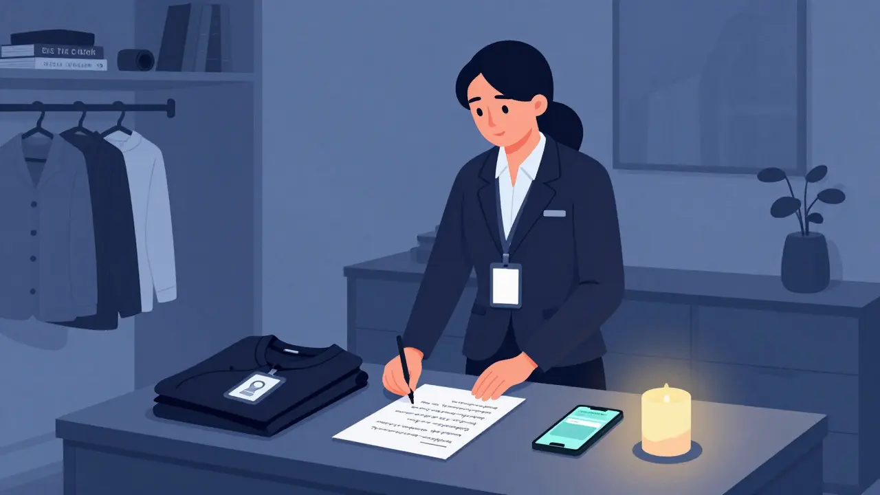 A professional escort in her Berlin apartment preparing for a meeting, ID and note visible, calm nighttime lighting.