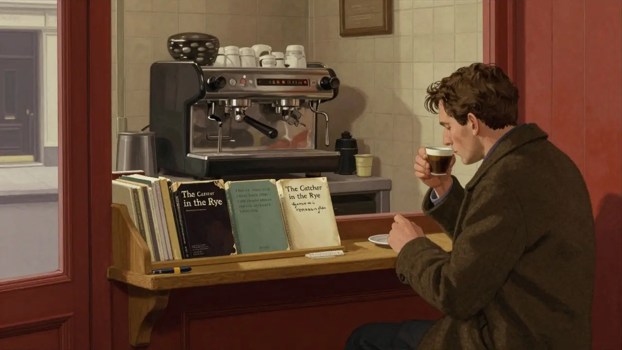A quiet café shelf with borrowed books and a handwritten note beside a steaming espresso cup.