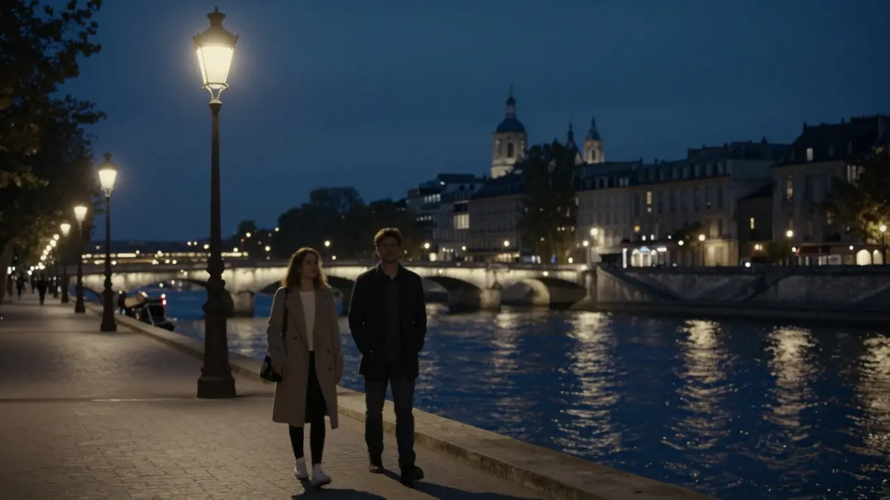 A quiet walk along the Seine at night under streetlamps with city lights reflecting on water.