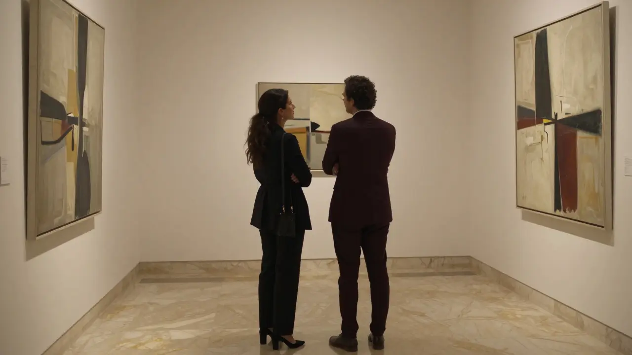 A refined woman and client viewing art in a private gallery, calm and dignified atmosphere.