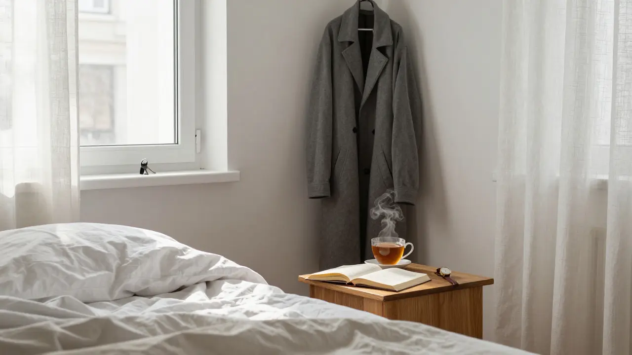 A serene morning scene in a Berlin apartment with tea, a book, and natural light.