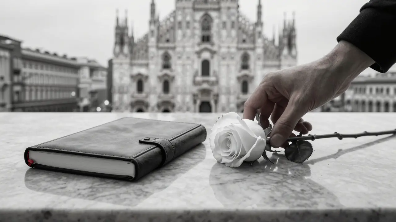 A single white rose rests beside a closed journal, symbolizing dignity and private connection in Milan.