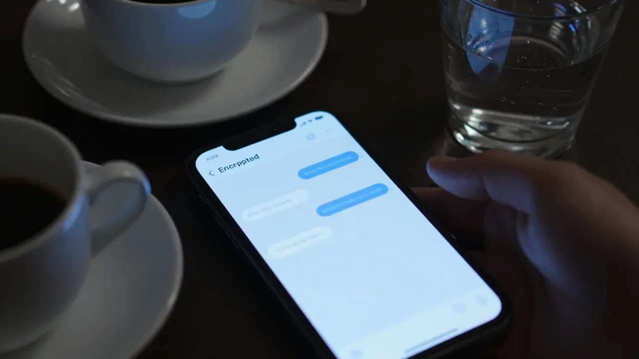 A smartphone screen displays encrypted messages on a hotel room table.