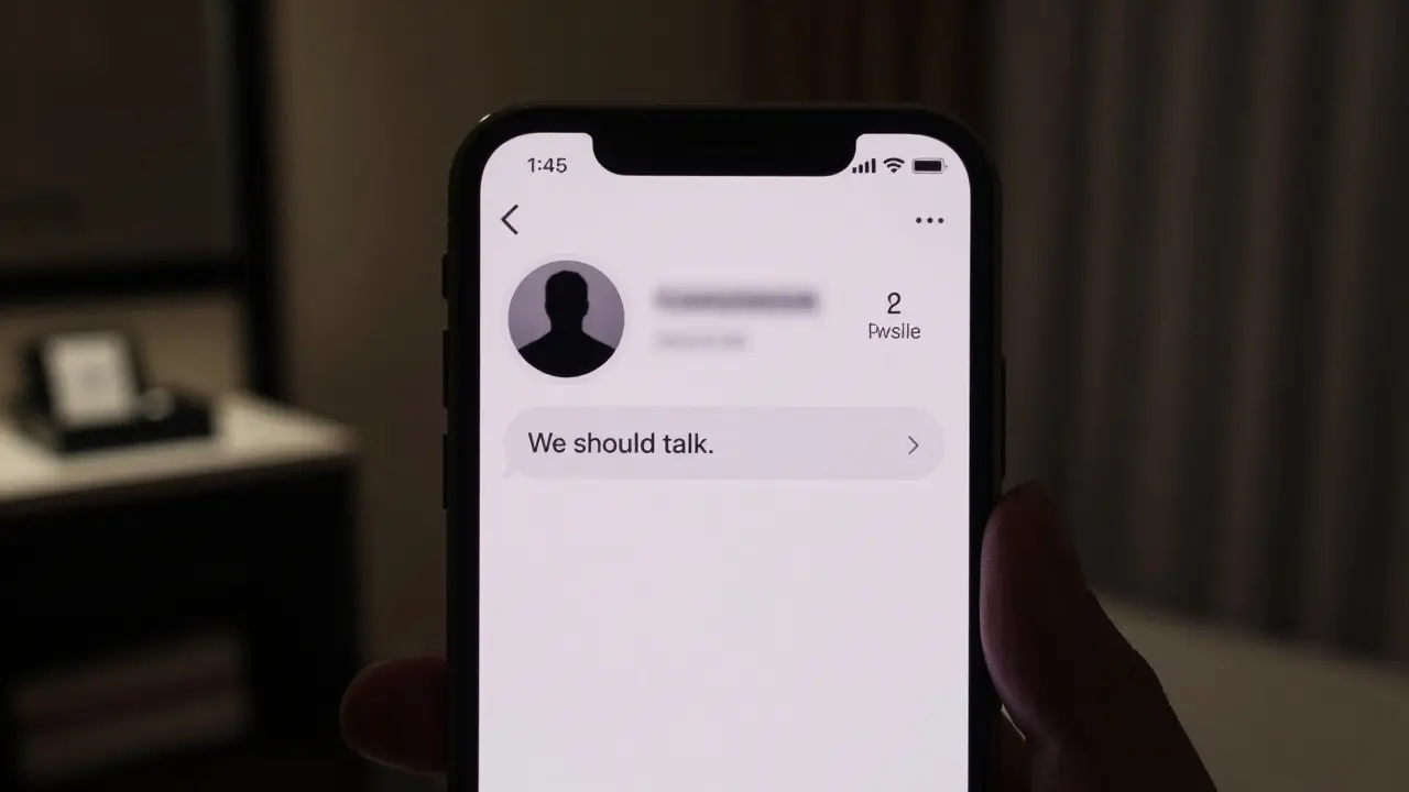 A smartphone screen in the dark showing a blocked profile with a single unread message, hinting at danger.