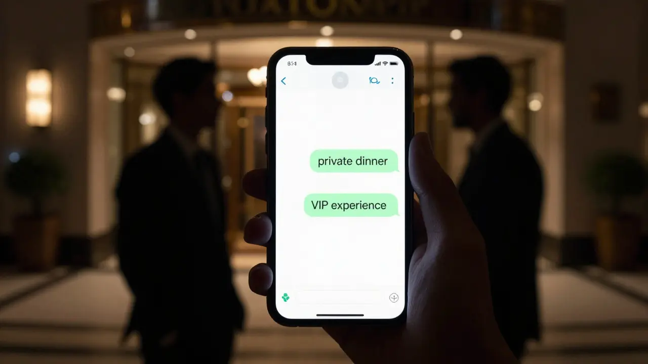 A smartphone screen shows encrypted messages with coded phrases about private meetings in Dubai.
