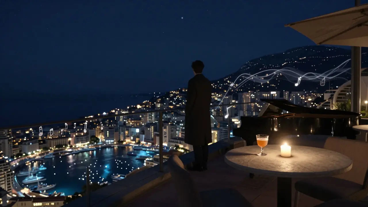 A solitary figure on a quiet rooftop terrace overlooking Monaco’s glittering cityscape at midnight.
