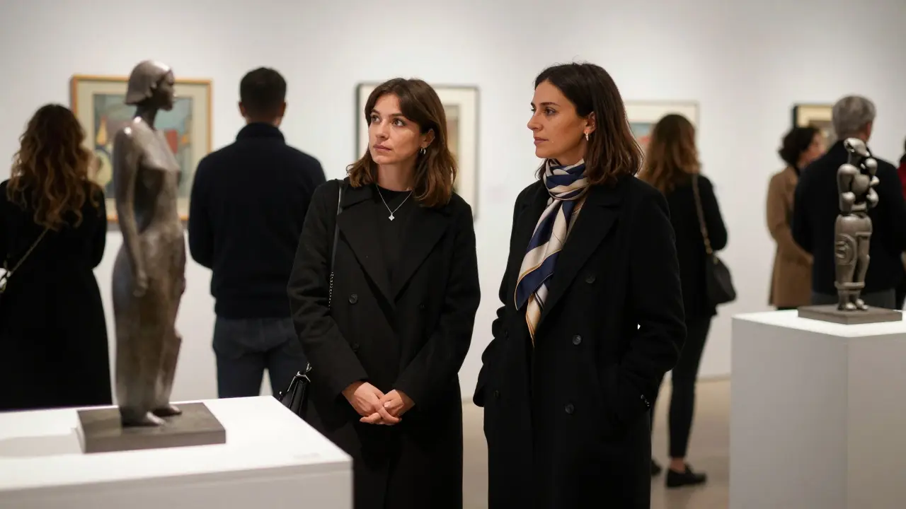 A sophisticated woman and client observing art in a dimly lit gallery during an exclusive event.