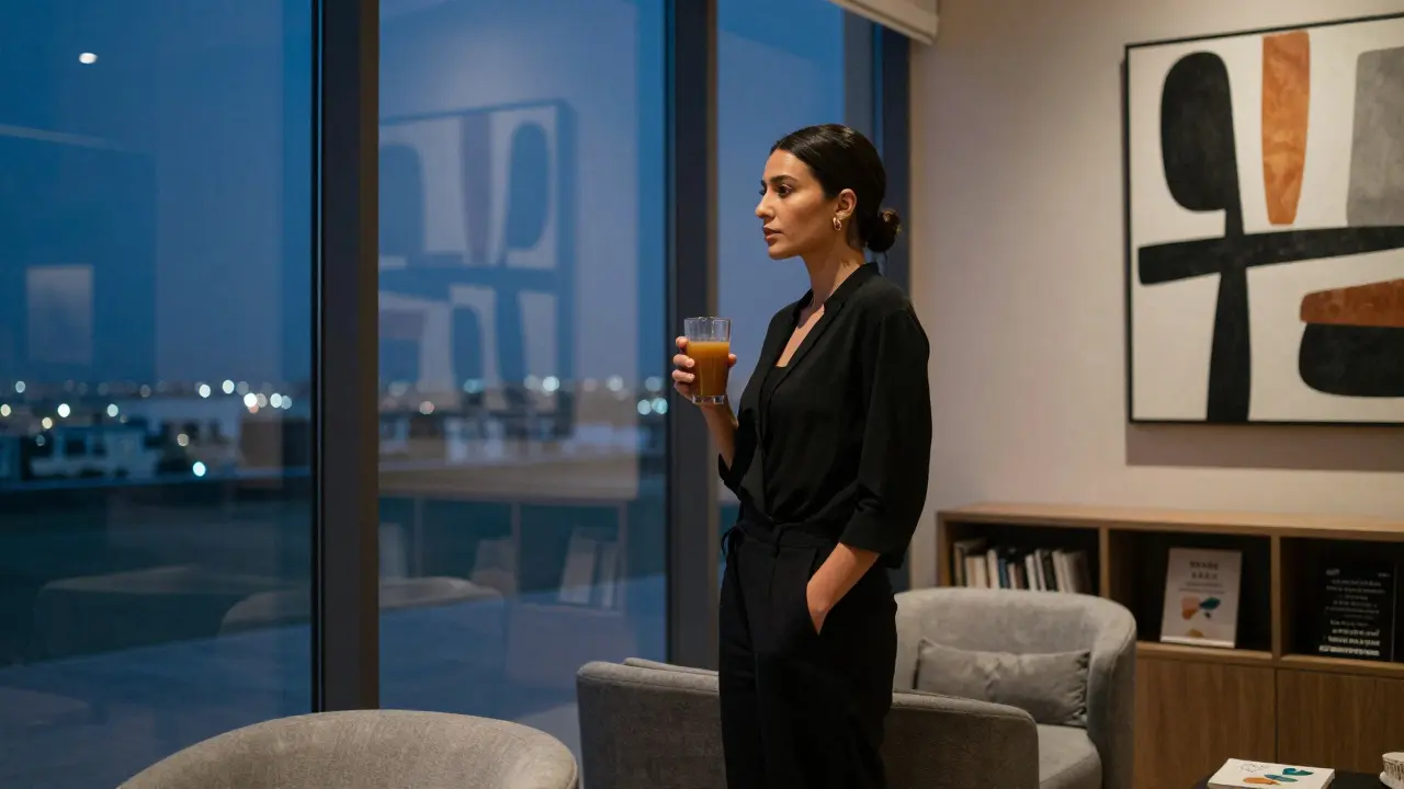 A sophisticated woman in a private lounge, holding a drink, surrounded by books and city lights reflecting on glass.