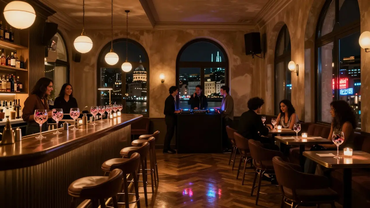 A stylish Istanbul cocktail bar in a historic mansion, patrons enjoying creative drinks under soft amber lighting.