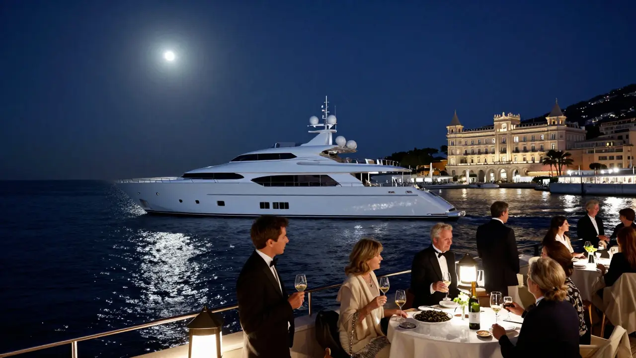 A superyacht at night under starlight, guests enjoying caviar and wine as the Prince's Palace glows in the distance.
