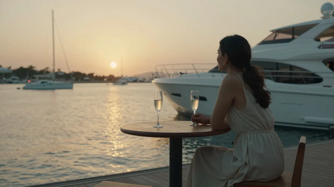 A woman and companion on a yacht at sunset, sharing a peaceful moment without physical contact.