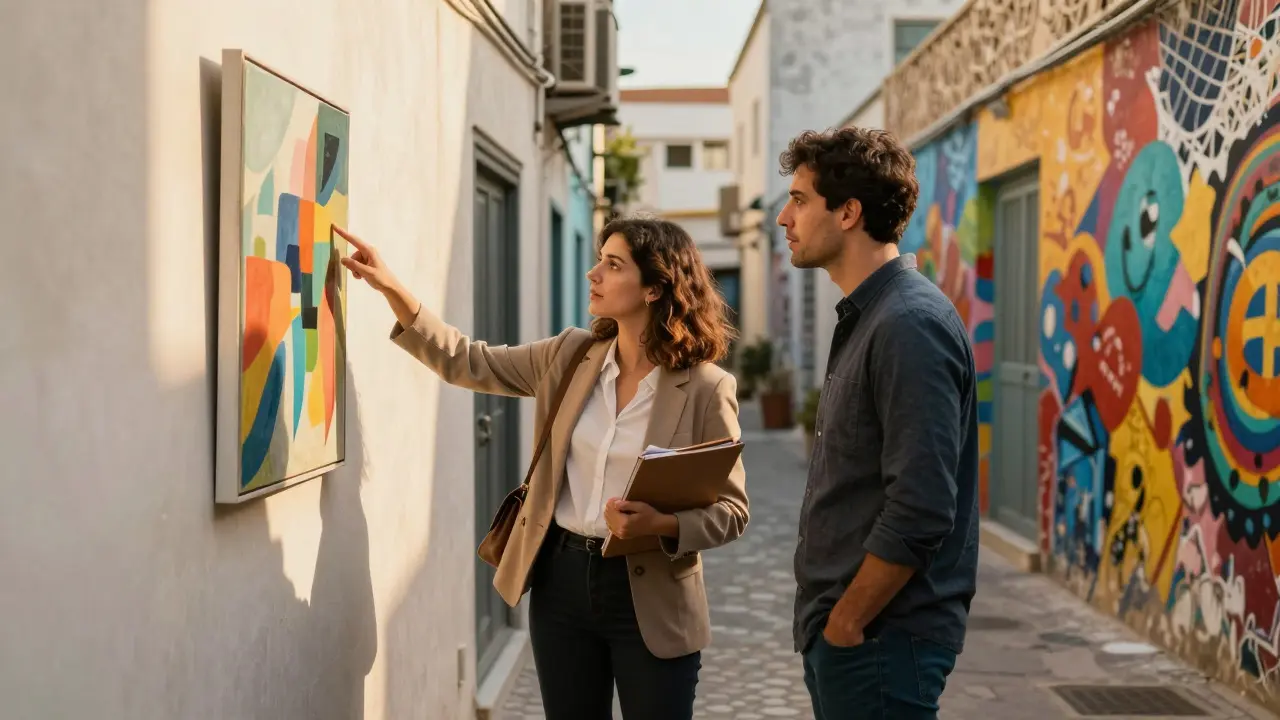 A woman and man exploring street art in Alserkal Avenue, engaged in thoughtful conversation.