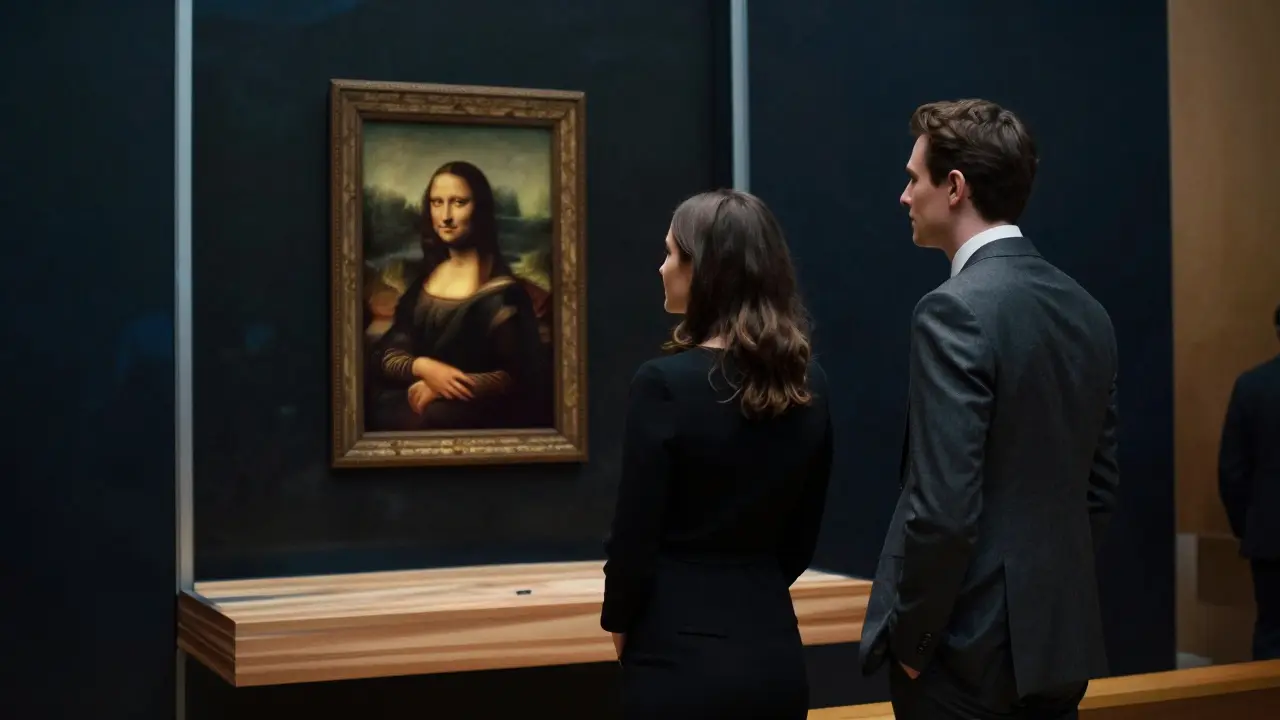 A woman and man in elegant attire quietly viewing the Mona Lisa in the empty Louvre before opening hours.