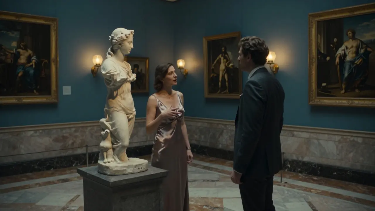 A woman in a silk gown explaining art to a man in a suit inside a private gallery.