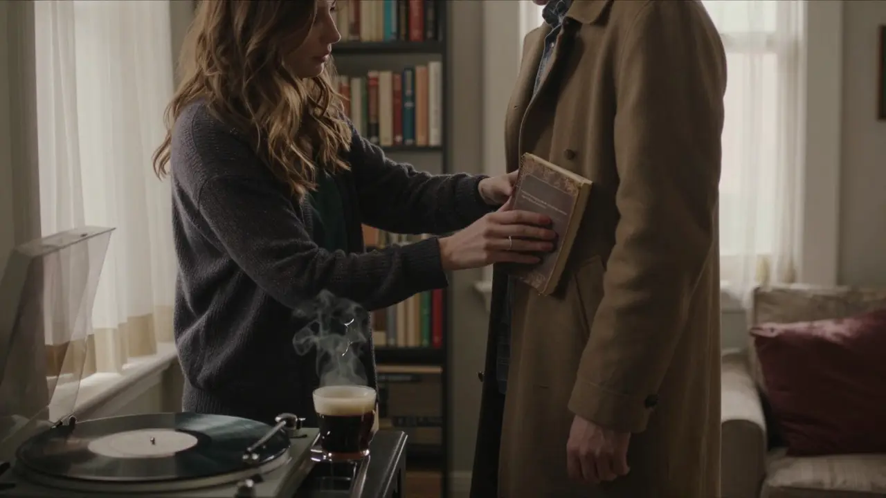 A woman placing a book into a man's coat pocket in a cozy Primrose Hill flat at dawn.
