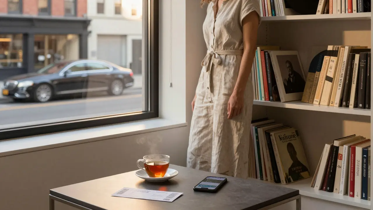 A woman prepares for an evening out in a minimalist Chelsea apartment, cultural artifacts and a discreet phone visible.