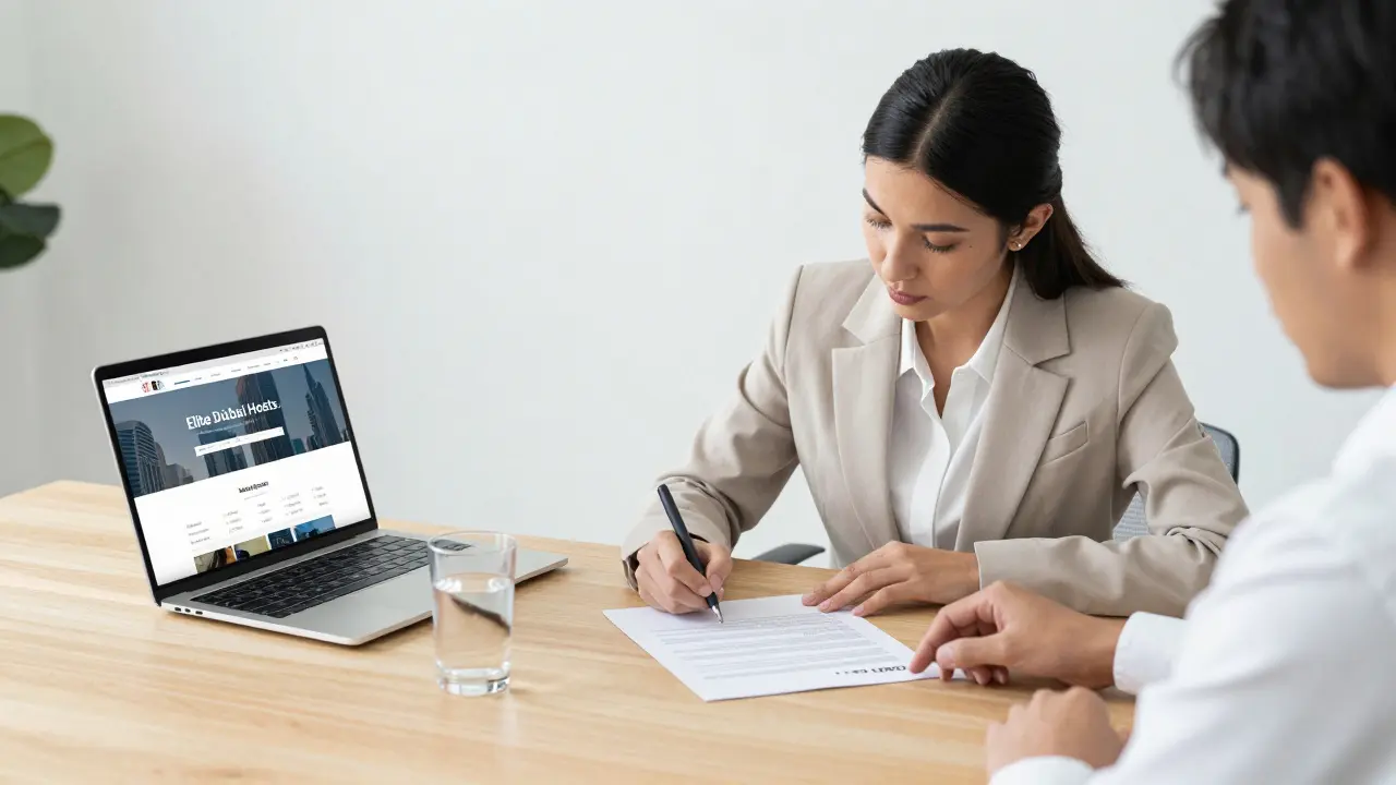 A woman signing a legal companion service contract in a Dubai office with clear pricing displayed.