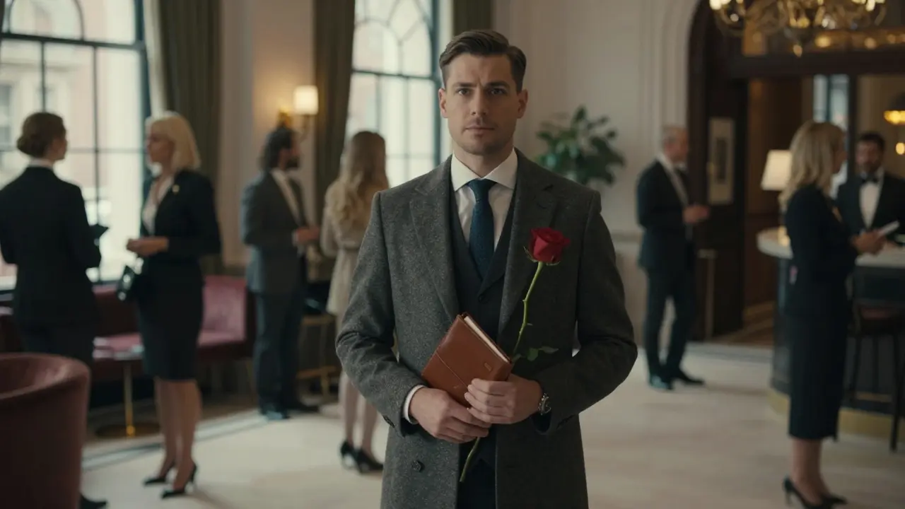 An elegant escort in Mayfair hotel lobby holding a rose and notebook, exuding professionalism.