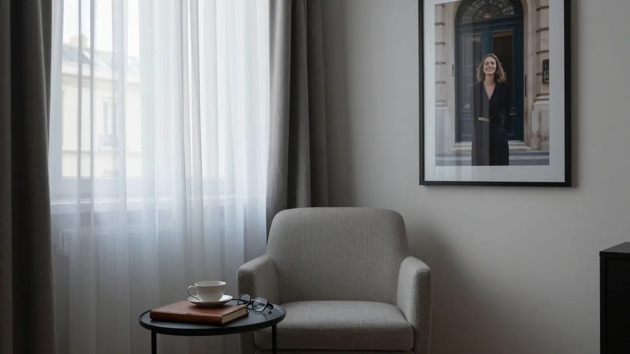 An empty, elegantly furnished Parisian apartment at dawn, hinting at a recent intimate encounter.