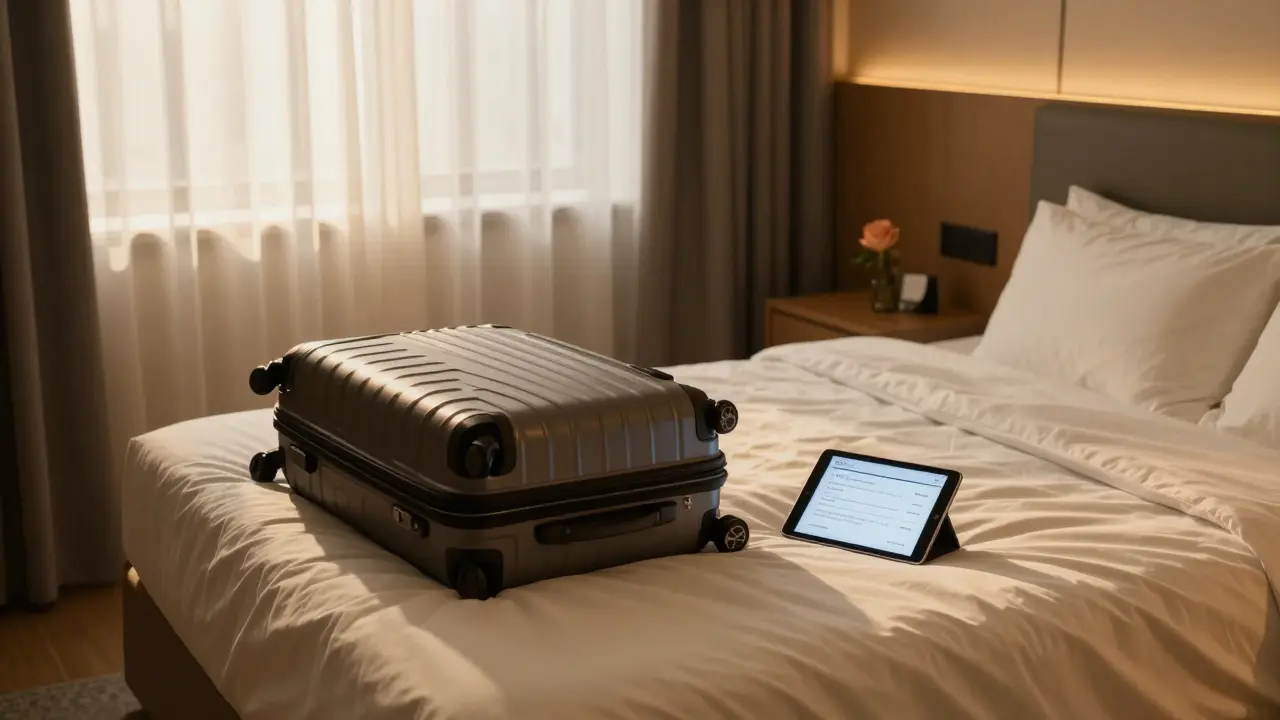 An empty hotel room with a digital payment notification and a rose, conveying quiet discretion and isolation.