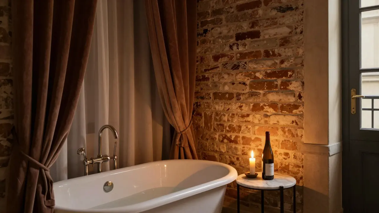 An intimate hotel suite with velvet drapes, a deep tub, and soft candlelight in a historic Parisian building.