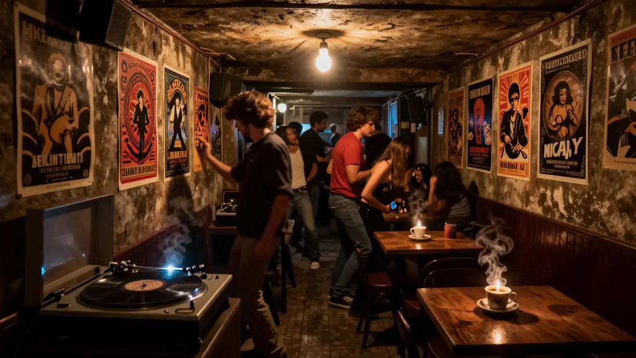 An underground club in Karaköy's basement, dancers moving to vinyl records in candlelit darkness with no phones allowed.